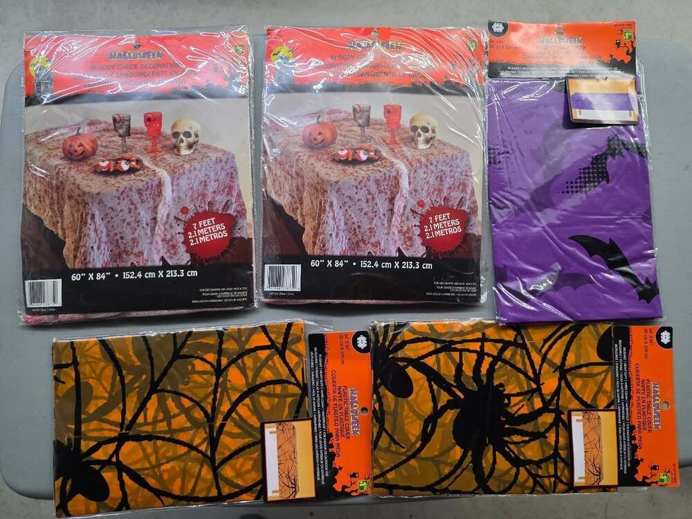 Halloween Table Decor Set: Spiderweb, Bats Plastic Tablecloths & Bloody Gauze